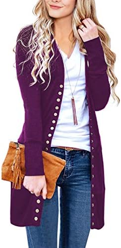 MEROKEETY Women's Long Sleeve Snap Button Down Solid Color Knit Ribbed Neckline Cardigans Plum