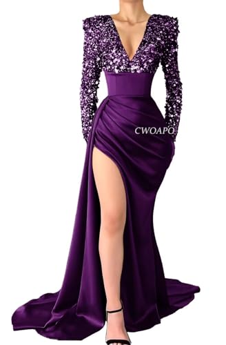 CWOAPO Simple Satin Plum Prom Dresses Long with Slit Long Sleeve ...