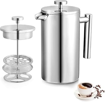 Miuly 34oz French Press Coffee Maker Stainless Steel Insulated Coffee Press Stainless Steel French Press 1 Liter 1000ML, Sliver
