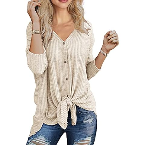 IWOLLENCE Womens Loose Henley Blouse Bat Wing Long Sleeve Button Down T Shirts Tie Front Knot Tops Oatmeal, L Cover