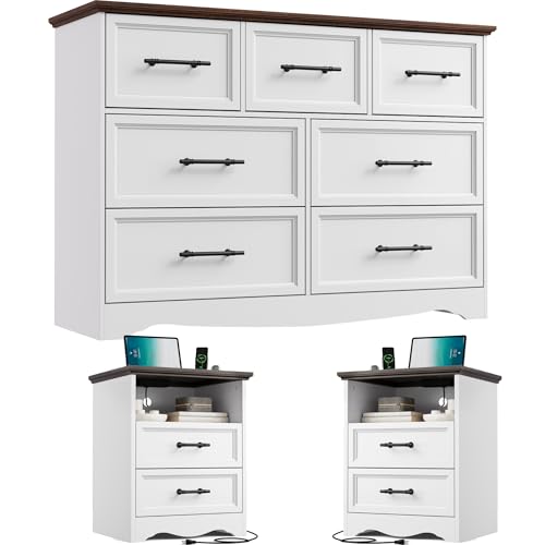 Image of Bedroom Set, 3 Pieces Bedroom Furniture Set, Wood 7 Drawer Dresser and Nightstands with Charging Station, Farmhouse Storage Organizer Cabinet for Bedroom, White