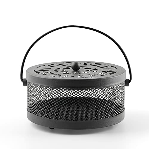 Retyion Tragbarer Eisen-Mückenspulenhalter mit Griff, Retro-Lotus-Muster, Räuchergefäß für drinnen und draußen, Camping, Schwarz Cover