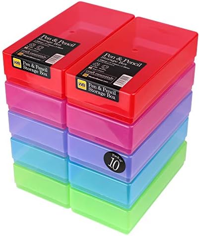 WestonBoxes Plastic Storage Boxes with Lids for Pens, Pencils and Stationery - 1.4 Litre Volume (Multicoloured/Transparent, Pack of 5)