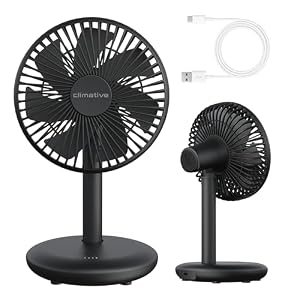 Climative Tischventilator sehr leise - Akku USB Ventilator 4000mAh, Ø 16,5cm, bürstenloser 7-Flügel Mini Lüfter für Büro, 14h Laufzeit, 4 Modi, Naturwind, Table Fan CoolGo, Camping Ventilator Schwarz