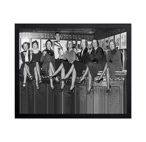 Poster Master Vintage Photograph Poster - Retro Feminist Print - Gift for Artist, Friend - Women Sitting On A Bar Counter, Drinking Wine - Wall Decor for Bar, Restaurant, 16x20 Black Framed
