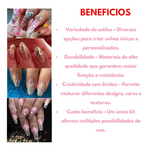 Kit Com Decorações 3D Coloridas Glitter Holográfico Flor Seca Para Decoração De Unhas Varios Formato