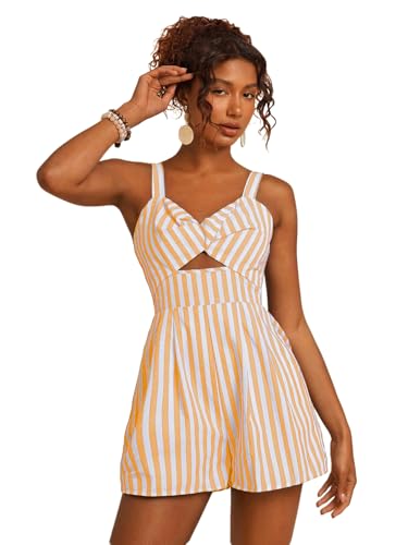 Floerns Women's Striped Print Jumpsuit Sleeveless Twist Front Cut Out Short Rompers Yellow Small