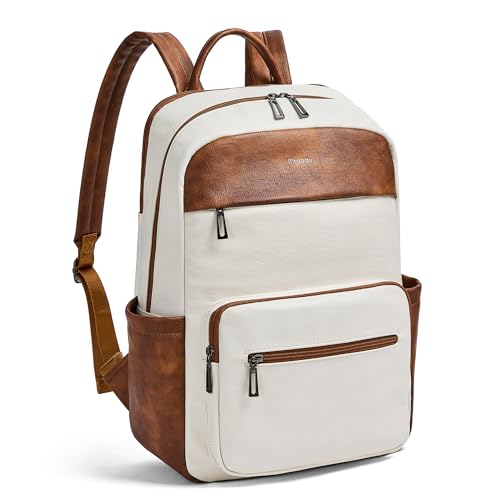 Laptop Backpack for Women Leather Work Backpack Purse Large Fashion 15.6" Computer Backpack for Travel College,Beige Brown