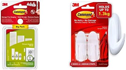 Command Picture Hanging Strips, Value Pack - 8 Sets L & Designer Hooks - Medium - White - Pack of 6 Hooks and 9 Medium Strips for Indoor Use - Organise Without Damage