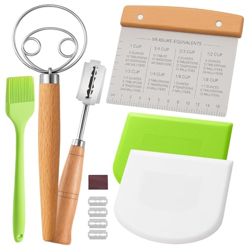 Bread Baking Tool Set | Danish Dough Whisk, Bread Lame with Blades, Silicone Brush, Dough Scraper, Bench Scraper with Measurement Guide – Essential Kit for Artisan Bread, Sourdough, Pizza, Pastries