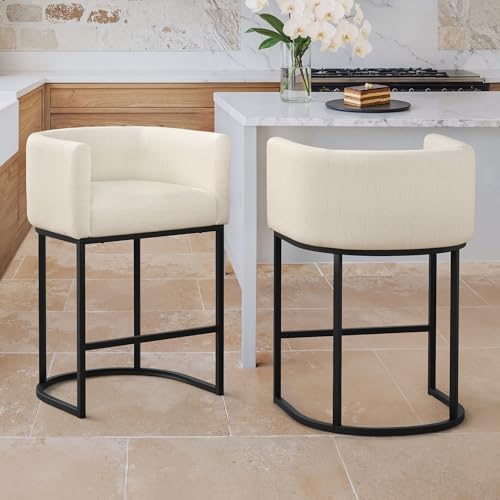 Image of LUE BONA Counter Height Bar Stools Set of 2, Modern Barrel Counter Stools with Backrest and Arms, Black Metal Frames, Linen Fabric Upholstered Barstools for Kitchen, Light Linen Color