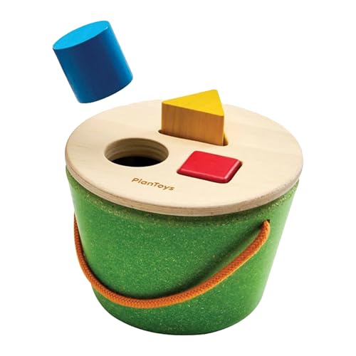 PlanToys® Geo Sorting Bucket | Wooden Shape Matching Toy for Toddlers 12M+ | Montessori Educational Sorting Toy with 3D Blocks | Develops Shape Recognition, Problem-Solving & Fine Motor Skills