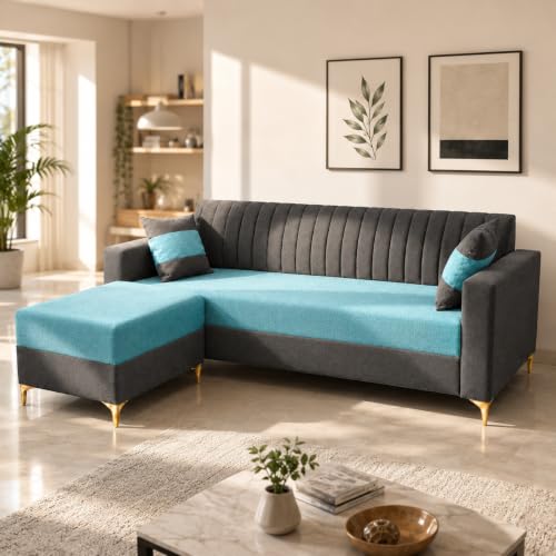 Image of FURNY Signature Regalia 4-Seater L-Shape Sofa Set with Movable Ottoman | Flexible LHS /RHS Layout | Boston Fabric | 40D Foam + Zigzag Spring | 3-Yr Warranty (Ash Grey, Ocean Blue)