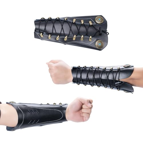 Prespollw Handmade Leather Arm Guard & Shooting Glove - Adjustable Wristband Protector for Hunting & Archery - Unisex Medieval Style Bracer (Black)