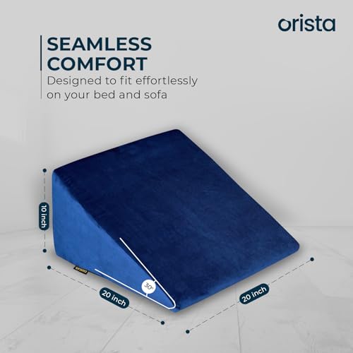 Image of Orista Wedge Pillow Made with Advance Gel Blended Memory Foam Complete Back Support, Acid Reflux, Anti Snoring, Leg Elevation, Improves Comfort and Posture | 20 x 20 x 10 Inch | Blue Velvet Cover
