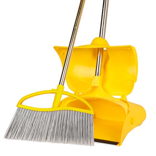 Long Handle Heavy Duty Broom and Dustpan Set, Outdoor and Commercial Upright Dustpan and Brush for Restaurant Garage Garden Yard Office, Yellow