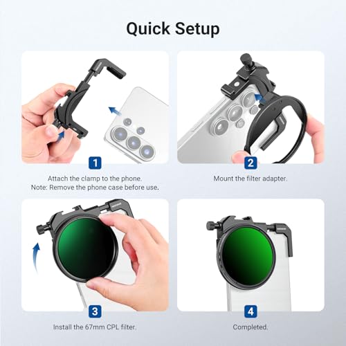 Image of NEEWER 67mm Phone Filter Holder with Adjustable Clamp, Cold Shoe Mount & CPL Filter, Phone Camera Photography Accessories Compatible with iPhone 17 16 15 14 Samsung Galaxy S26 Ultra S25, FL-112