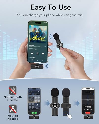 Image of Wireless Mic for Youtubers, Mini Mic for Android /iPhone with Magnetic Clip, Noise Cancellation Wireless Microphone for Video Recording, Vlog, TikTok, 6H, 65ft (2 Channel Type-C)
