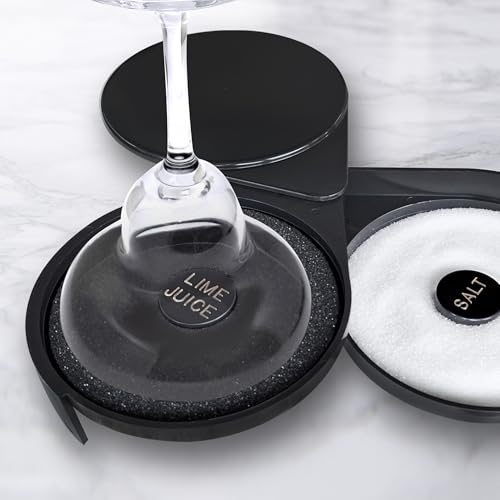 Esatto Glass Salt Rimmer 2 Tier for Margarita Tray and Cocktail, Black with 1 Extra Sponge + 2 Pourers – Apply Salt, Sugar, and Lime Juice for Better Drinks and Efficient Drink Preparation