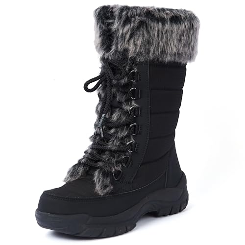 Image of AUSLAND Women's Black Winter Snow Boots Twin Peaks Fur Cuff Mid-Calf Waterproof Lace Up Boots