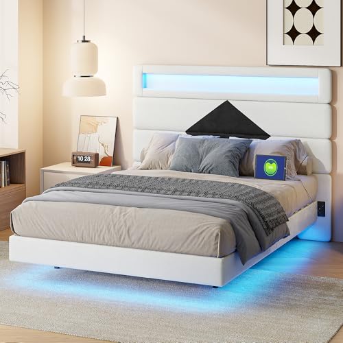 Cama acolchada de matrimonio de 140 x 190 cm, cama de matrimonio de 140 x 190 cm con USB y LED, cama acolchada con cabecero de estructura y somier ajustable, terciopelo (blanco roto + negro 2, 140 x