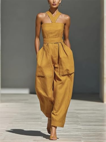 Enterizo de mezcla de lino amarillo mostaza para mujer casual 3