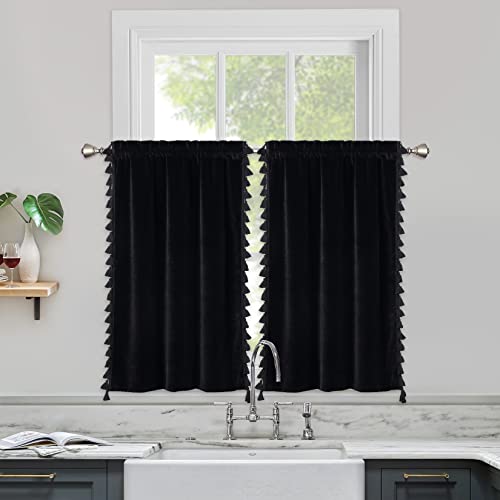 Glowsol Kitchen Curtain Tiers Boho Tassels Cafe Curtains Room Darkening Curtains Small Velvet Elegant Home Decor Rod Pocket Window Treatment For Living Room Bathroom, Black, 26" W X 30" L, Set Of 2 #TOP1