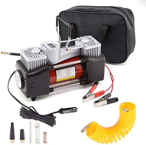 Silver Dual Cylinder Air Compressor Heavy Duty Portable Tire Inflator 12V 150PSI LCD Digital Display Gauge for Fast Pumping with LED Work Lights