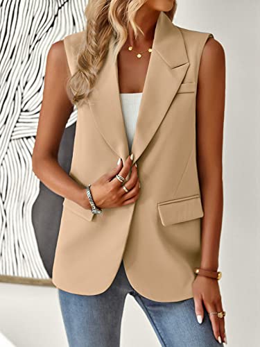 Women's Sleeveless Blazer Vest Casual Open Front Button Vest Lapel Office Cardigan Blazer With Pockets Khaki M4