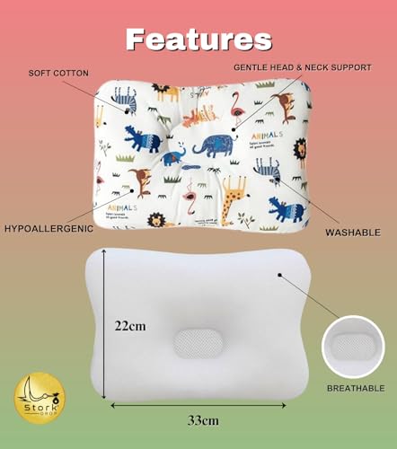 Stork Drop – Baby Support Pillow with Gentle Head & Neck Cushioning | Soft 3D Air Mesh | Breathable, Washable & Skin-Friendly | For Supervised Playtime & Tummy Time | Safari Animals
