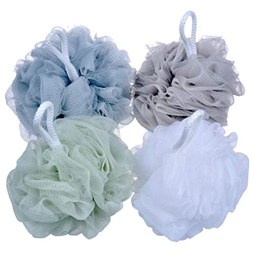 Large Bath Shower Sponge Pouf Loofahs 4 Packs 60g Each Eco-Friendly Exfoliating Mesh Brush Pouf Bath Shower Ball Sponge 4 Colors-Exfoliate, Cleanse, Soothe Skin
