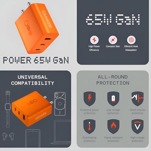 Image of Original 65w GaN 3-Port USB+Type C+Type C Port Wall Adapter Compatible with Nothing Phone 2, 2A, 3A, Phone 1, CMF Phone 1 & Supports Other Type-C Android Devices -Orange