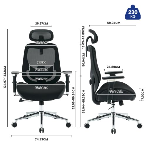 Silla de oficina ergonómica con capacidad de carga de 230 kg para personas altas, silla giratoria de malla de altura ajustable con reposabrazos 4D, soporte lumbar, para oficina en casa y