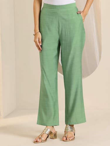 Image of Libas Green Yoke Design Silk blend Straight Kurta set for Women | daily wear suit