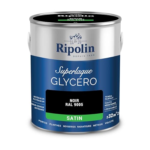 RIPOLIN - Peinture Laque Glycéro Intérieure/Extérieure - Boiseries et Structures Métalliques - Résistance Accrue - Durabilité Remarquable - Noir Ral 9005 - Satin - 2L