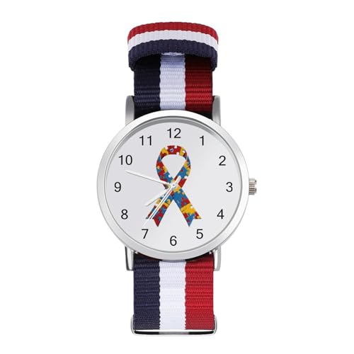 Autism Ribbon Awareness Lightweight Wrist Watch Adjustable Nylon Band Outdoor Sport Work Wrist Watch Easy to Read Time