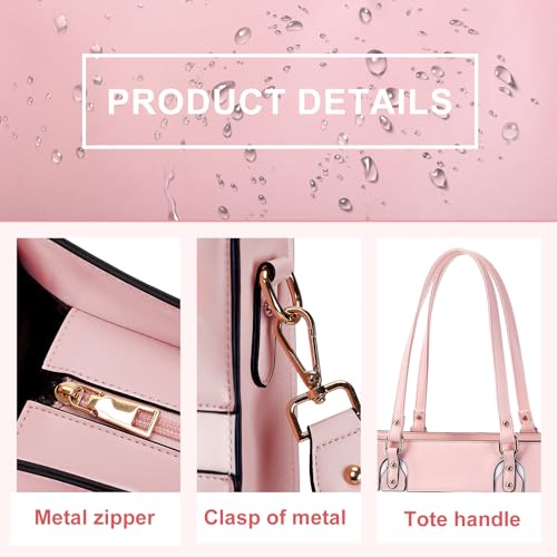 MOSISO Laptop Tote Bag for Women, 15.6 inch Work Teacher Laptop Bag, PU Leather Curved Line Computer Briefcase, Large Capacity Handbag for Business Office, Pink3