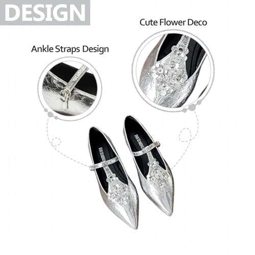 Womens Flower T-Strap Pointed Toe Ballet Flats Patent Leather Internal Height Increase Shallow Mouth Closed Pointed Toe Flat Mary Janes for Dress Party Prom Office Daily4