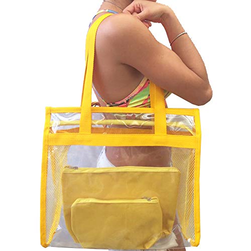 Bolsa feminina praia sacola transparente 2 necessaires brinde amarela