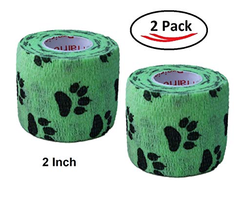 Image of Vet Wrap Wrap Tape (Green with Paw Prints) (2 Pack) (4 Inch x 15 feet) Self Adhesive Adherent Adhering Cohesive Flex Self Stick Bandage Grip Roll Dog Cat Pet Horse
