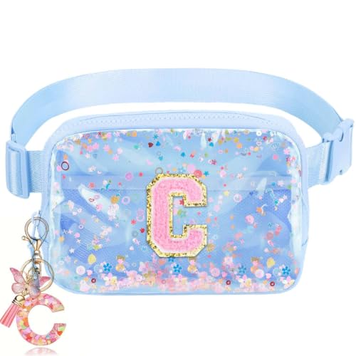 Image of Initial Fanny Pack for Girls - Belt Bag for Teens Kid Teen Girl Kid Birthday Gift Blue Clear C