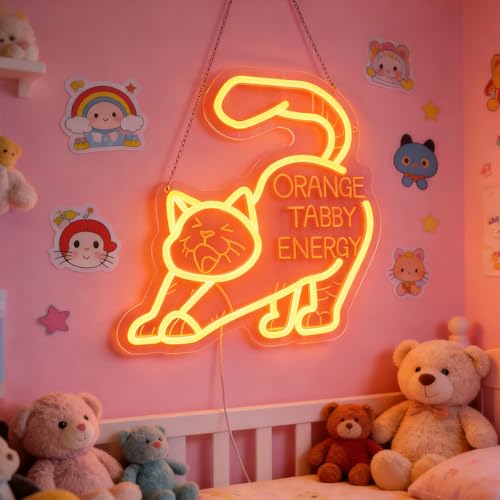 Image of inchOrange Tabby Energy inch Cat Neon Light - Playful & Vibrant LED Wall Art for Cat Lover's Home Office, Living Room, Kitchen & Cozy Nook Decor, Dimmable USB with Hanging Kit, Whimsical Feline-Themed Gift