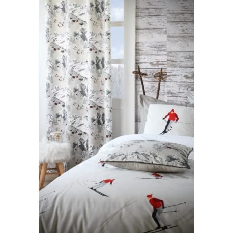 Coussin Décoratif Montagne Chamonix Gris - Motif Ski - Dimensions 30x50 Cm - Housse 100% Coton, Garnissage Polyester