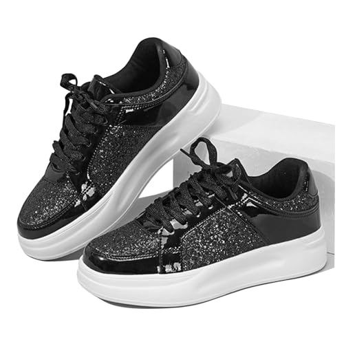 Platform Sneakers for Women, Bling Sequin Women's Fashion Sneakers Glitter Shoes Lace Up Sparkly Sneakers Shiny Casual Shoes for Women, Mens Glitter Sneakers Boys Tennis Shoes(Size:6,Color:Black)