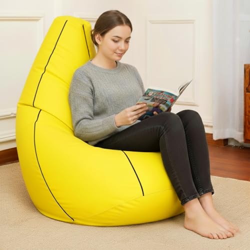 Image of Sattva Classic 3XL Bean Bag Chair with Beans Filled | Faux Leather Sofa Style Beanbags with Filled Beans | Bin Bags Sofa & Beam Bag for Adults, Home & Office - Yellow with Navy Blue Piping
