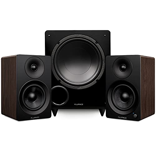 Fluance Ai41 Powered 5' Stereo Bookshelf Speakers and DB10 10' Low Frequency Ported Front Firing Powered Subwoofer with 15 Feet RCA Ultimate Performance Collection Subwoofer Cable (Natural Walnut)