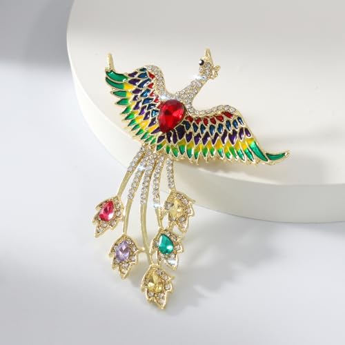 Broche phénix en cristal de 7,2 cm façonnée à la main en émail vintage brillant