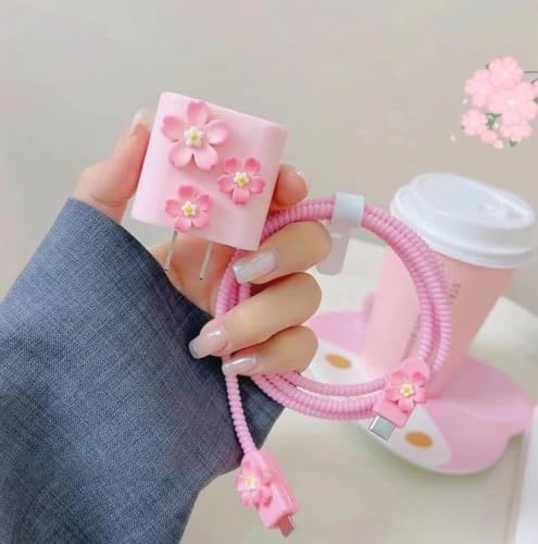Image of Compatible with iPhone Cute Cat Charger Case Cover | Cartoon Character Silicone Charger Case Cover for 18-20W 360 Degree Full Protection Cover (Pink 3D Flowers)