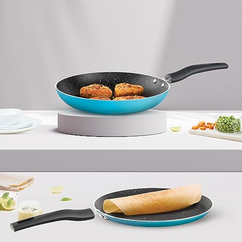 Borosil Festive Glory Non-Stick Set of 2 Tawa (25 cm) and Fry Pan (24 cm), Gas Stove & Induction Compatible, Metal Spoon Friendly, Blue Exterior, Thick Uniform Body, Stir Fry Pan, Tava for Prantha