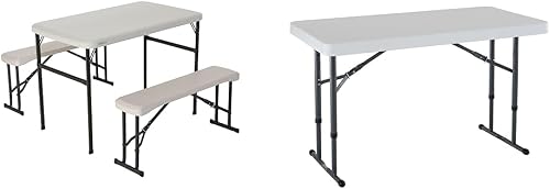80373 Portable Folding Camping RV Picnic Table and Bench Set, Almond & 80160 Commercial Height Adjustable Folding Utility Table, 4 Feet, White Granite